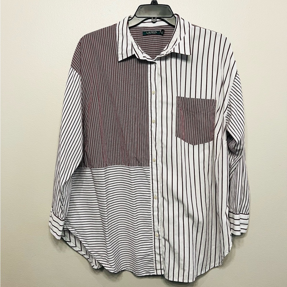 Lauren Ralph Lauren Mixed-Stripe Button-Up Shirt in White and Brown